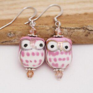 Pink Hand Painted Porcelain Owl Beaded Earrings - Handmade & Hypoallergenic